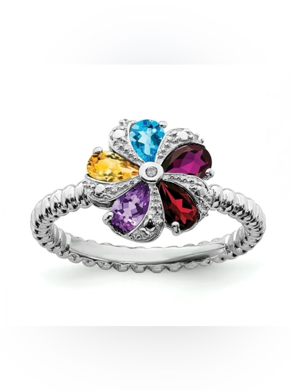 Sterling Silver authentic Gemstone & Diamond Ring  approximately 12 mm wide